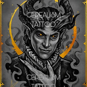 May include: Black and white illustration of a man with horns and a serious expression. The background is grey with a gold circle and the text "CEREALISM TATTOO" appears twice.