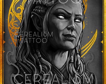 Puede incluir: Ilustración en blanco y negro de una mujer con el pelo largo y una luna creciente detrás de ella. La imagen está enmarcada en oro con el texto "Cerealism Tattoo" repetido tres veces.
