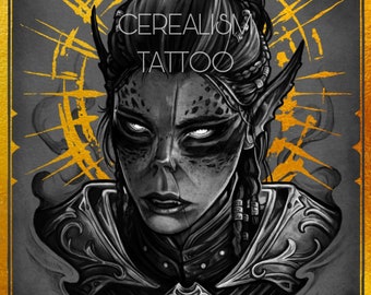 Puede incluir: Una ilustración en blanco y negro de una mujer con una corona de espinas y un halo. La mujer tiene una piel oscura y escamosa y grandes ojos blancos. La imagen está en un estilo blanco y negro con un marco dorado y el texto "Cerealism Tattoo" en la parte superior e inferior.