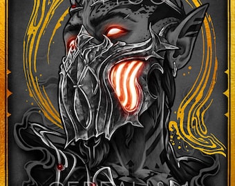 Puede incluir: Una ilustración en blanco y negro de una persona con ojos rojos y una máscara de metal detallada. La máscara tiene un diseño rojo brillante. El fondo es un patrón de remolino dorado y negro. El texto "CEREALISM TATTOO" está en la parte inferior de la imagen.