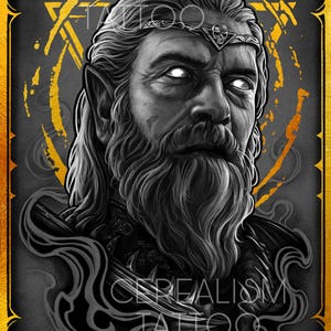 Puede incluir: Ilustración en blanco y negro de un hombre con barba larga y una corona. El fondo es gris oscuro con detalles dorados. El texto "CEREALISM TATTOO" es visible en la imagen.