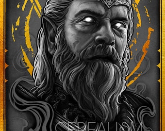 Puede incluir: Ilustración en blanco y negro de un hombre con barba larga y una corona. El fondo es gris oscuro con detalles dorados. El texto "CEREALISM TATTOO" es visible en la imagen.