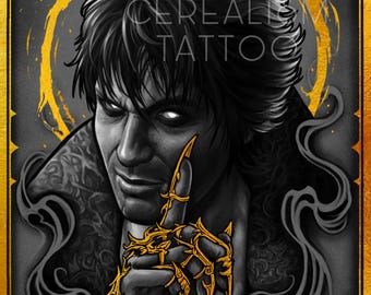 Puede incluir: Una ilustración en blanco y negro de un hombre con una expresión seria. Lleva una chaqueta oscura y tiene un anillo de oro en el dedo. El fondo es gris oscuro con un halo dorado alrededor de su cabeza. El texto "Cerealism Tattoo" es visible en la esquina superior derecha de la imagen.