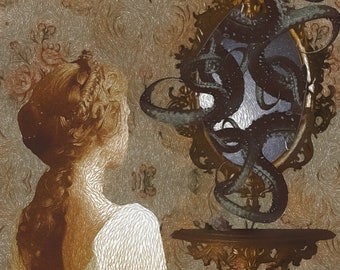 May include: A woman with long brown hair looks into a ornate mirror with a dark, swirling, octopus-like creature reflected in the glass.