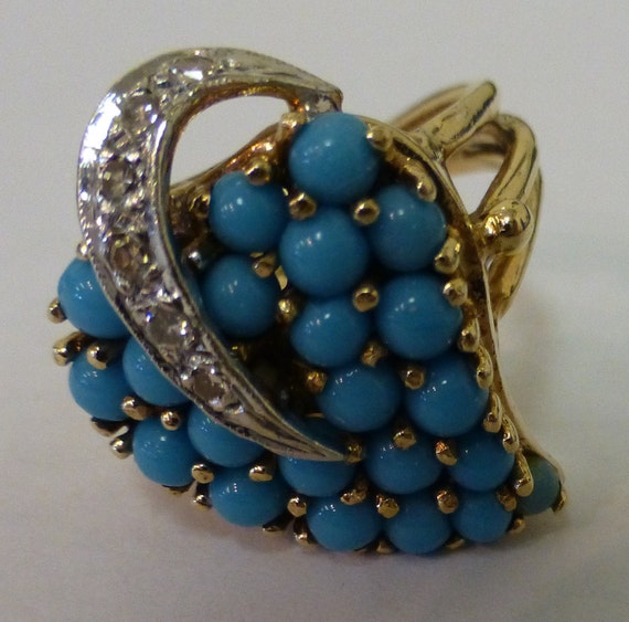 14kt Yellow Gold Vintage Turquoise Heart Shaped R… - image 1