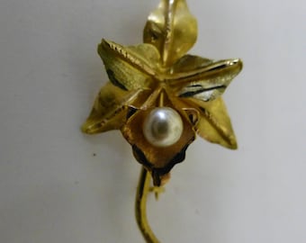 18kt Rose & Yellow Venezuelan Gold 3D Pearl Orchid Flower Brooch