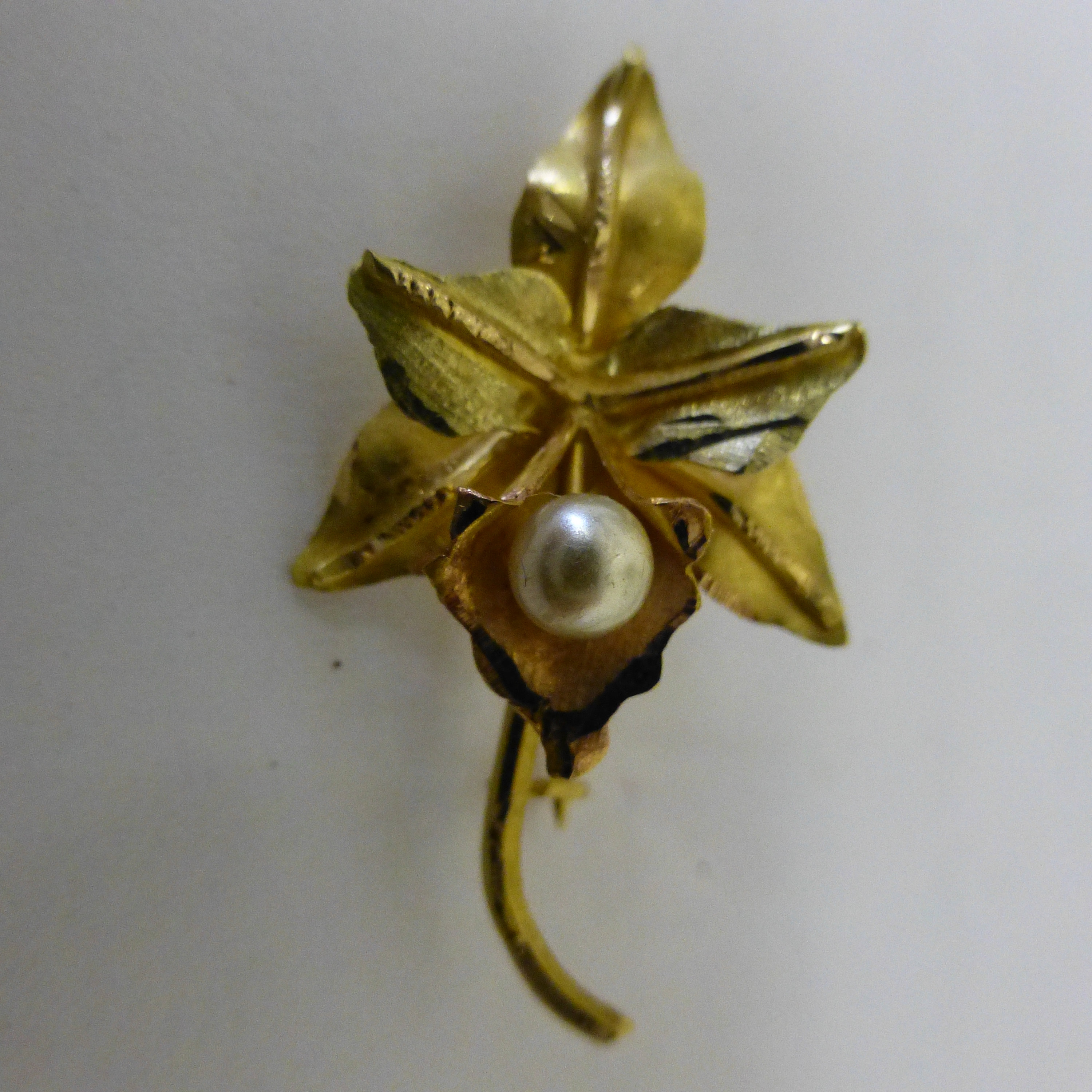 18kt Rose & Yellow Venezuelan Gold 3D Pearl Orchid Flower Brooch