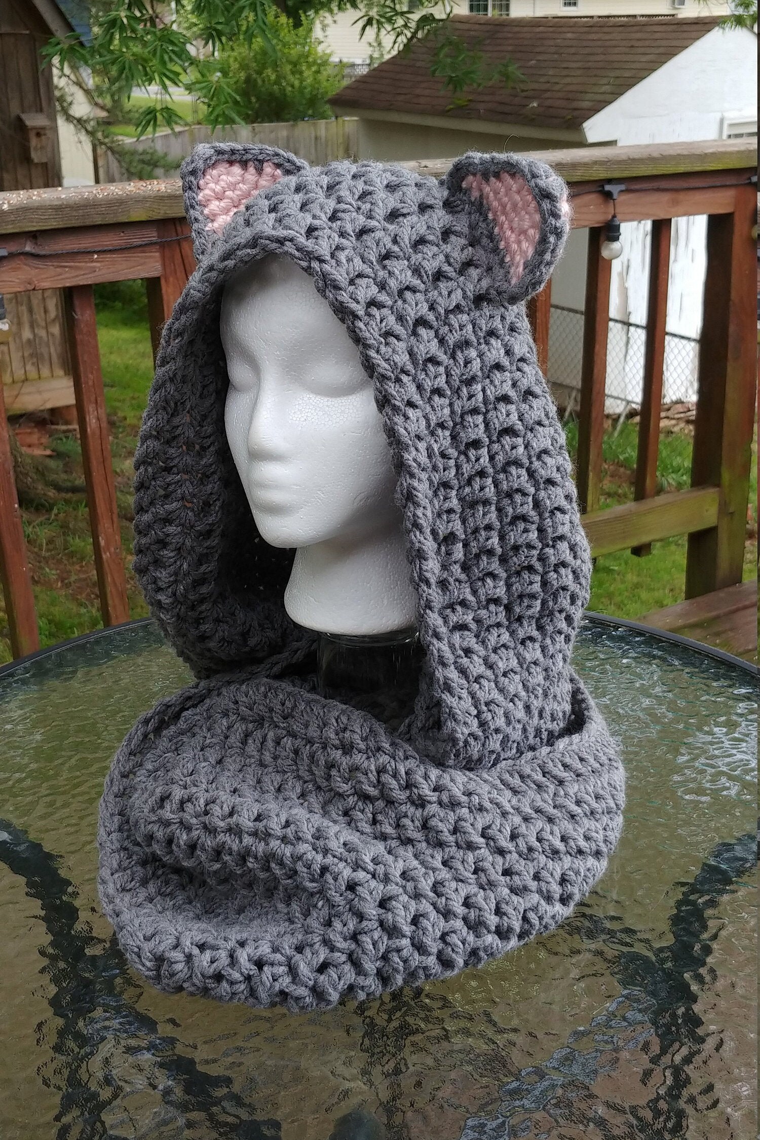 Crochet Hooded Cat Ear Scarf, Scoodie, Chunky Yarn, Hoodie, Winter