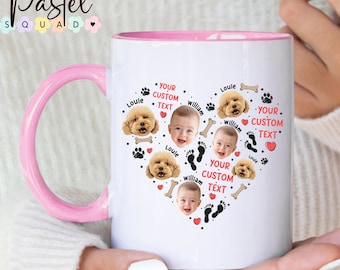 Custom baby and dog photo mugs, gifts for moms, personalized baby and pet face mugs, gifts for dads, custom face photo and name coffee mugs