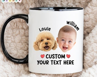 Custom baby and dog photo mugs, gifts for moms, personalized baby and pet face mug, gifts for dads, custom face photo and name coffee mugs