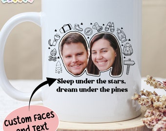 Custom Camping Mug, camper mugs with photo, personalized camping face mugs, camping lover gifts, camping mugs for family, friends, couples
