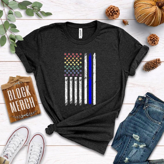 Blue Line Police US Flag Pink Ribbon Breast Cancer Awareness Gift T-shirts Unisex Tees Black/S