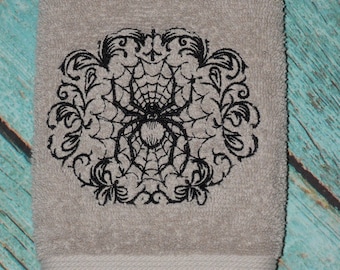 Embroidered Gothic Spider Hand Towel Gray