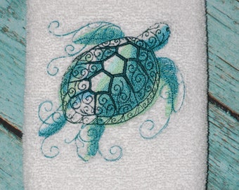 Embroidered Sea Turtle Hand Towel Green