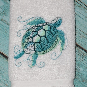 Embroidered Sea Turtle Hand Towel Green