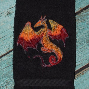 Embroidered Fire Dragon Hand Towel Black