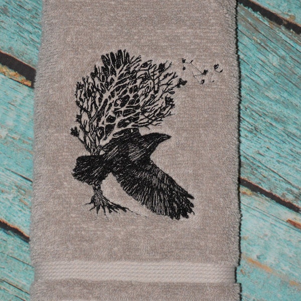 Embroidered Raven in Autumn Tree Hand Towel Gray