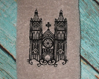 Toalla de mano bordada con diseño de catedral gótica gris
