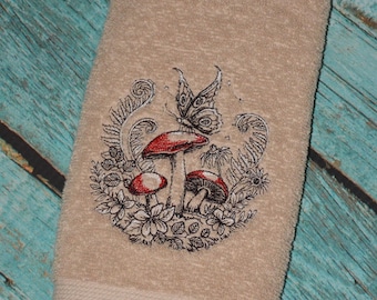 Embroidered Woodland Enchanted Forest Crest With Mushrooms and Butterflies Hand Towel Tan