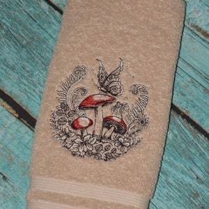 Embroidered Woodland Enchanted Forest Crest With Mushrooms and Butterflies Hand Towel Tan