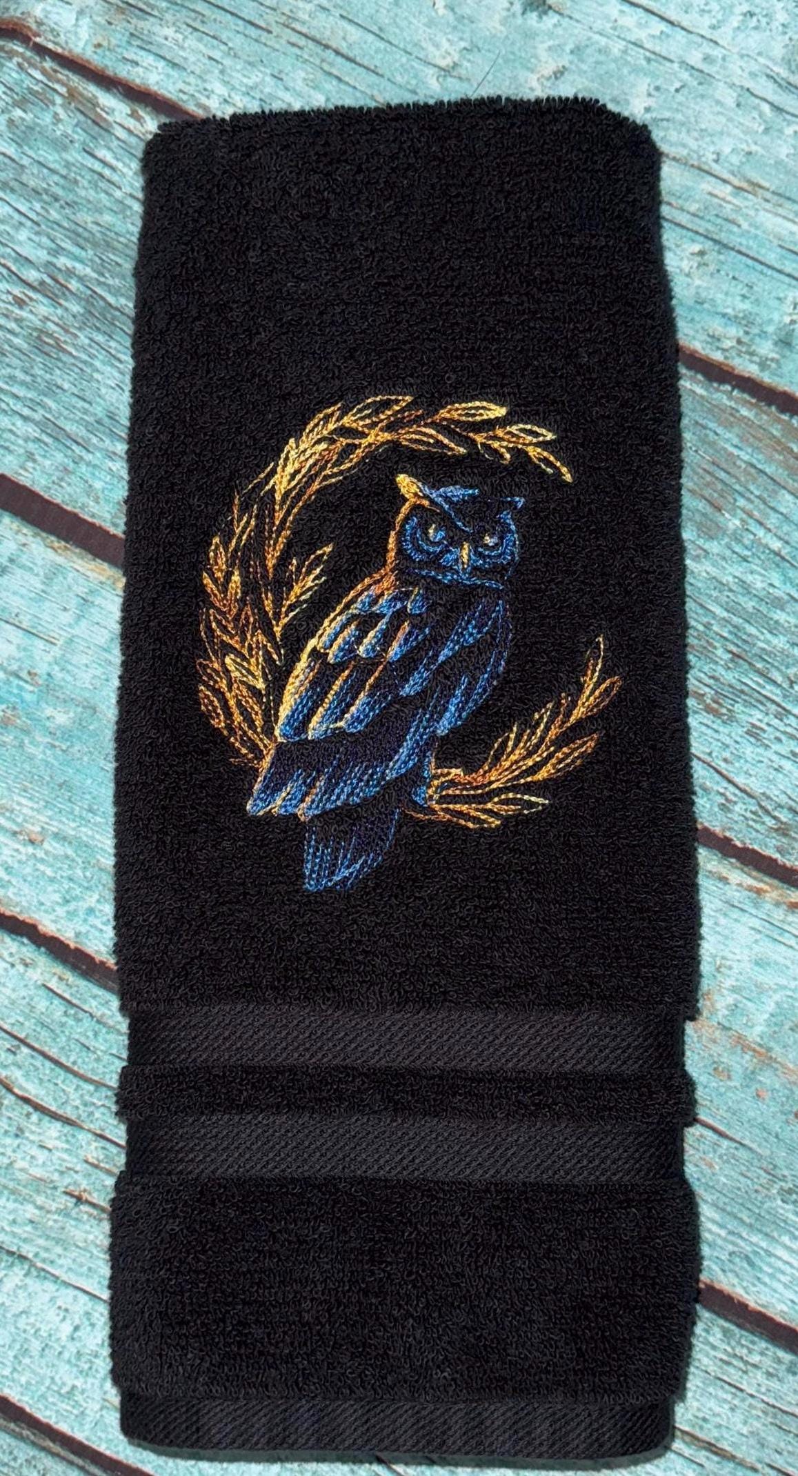 Embroidered Autumn Owl Hand Towel Black