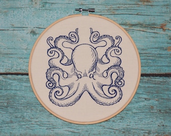 Blue Octopus Embroidered Hoop Art Wall Decor 8 Inch Finished