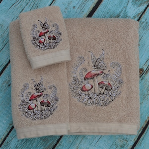 Woodland Enchanted Forest Crest With Mushrooms and Butterflies Embroidered 3 Piece Towel Set