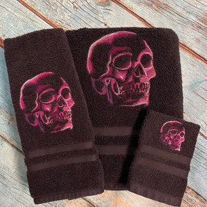 Ensemble de serviettes 3 pièces roses brodées crânes étranges Noir