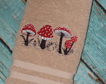 Embroidered Woodland Mushrooms Hand Towel Tan