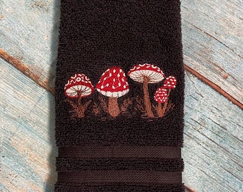 Embroidered Woodland Mushrooms Hand Towel Black
