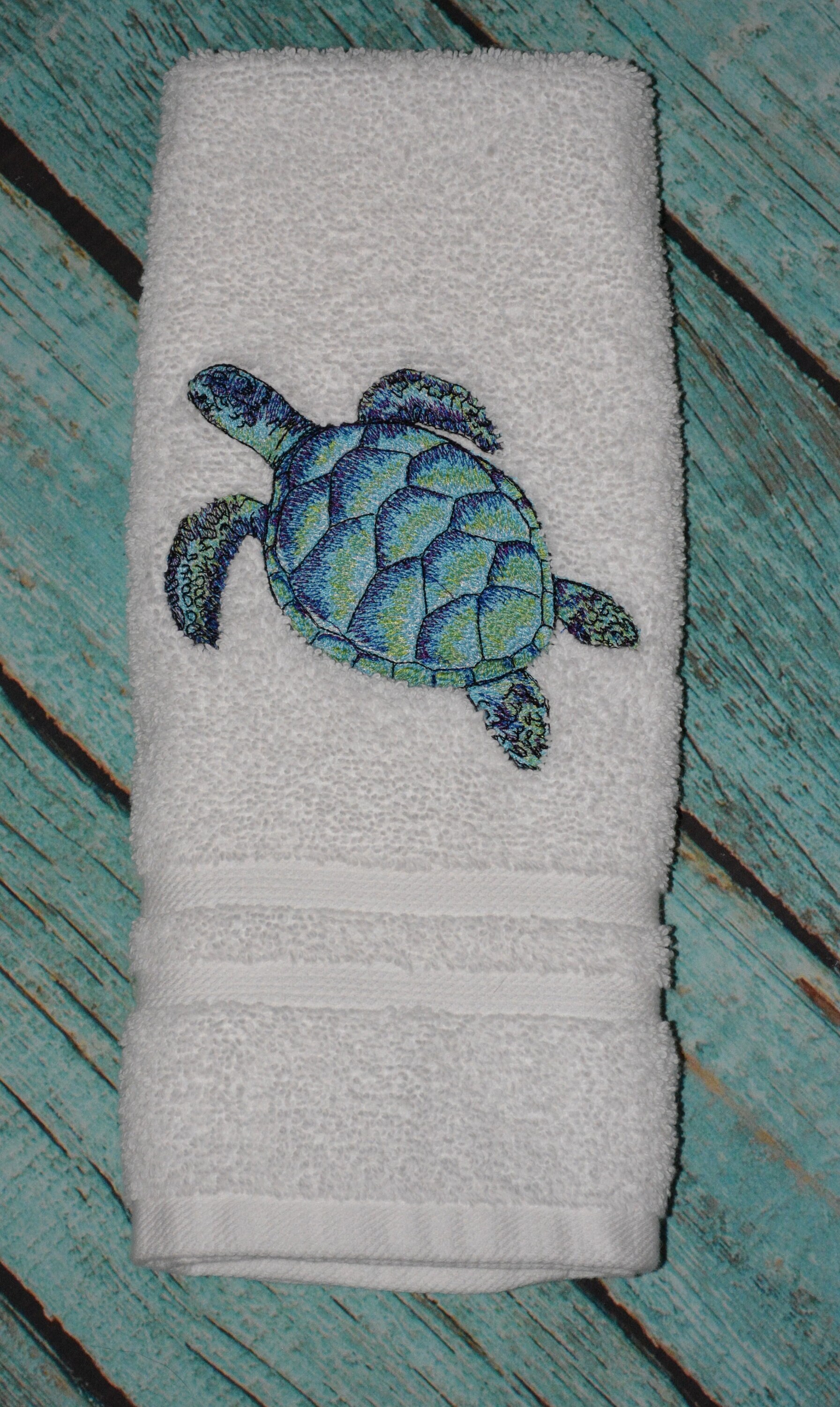 Embroidered Watercolor Sea Turtle Hand Towel