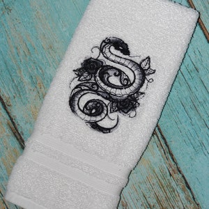 Embroidered Snake With Roses Hand Towel White