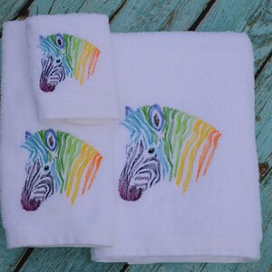 Rainbow Zebra Embroidered 3 Piece Towel Set White