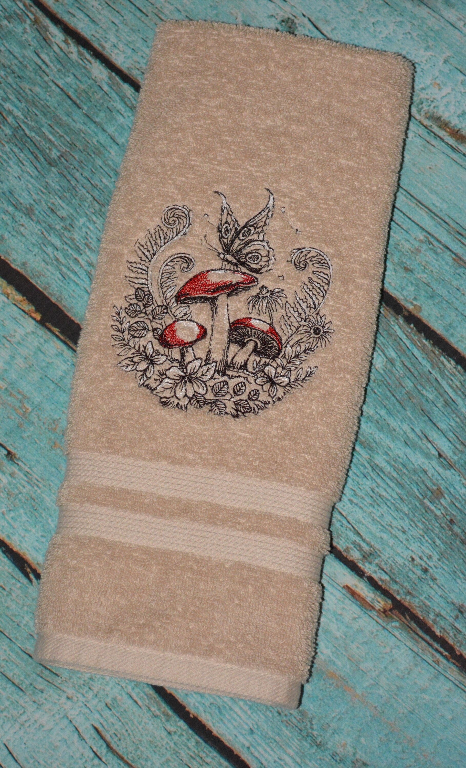 Embroidered Woodland Enchanted Forest Crest With Mushrooms and Butterflies Hand Towel Tan