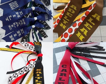 glitter sports ribbons, spirit ribbons, team streamers, sports bows, soccer bows, softball ribbons, volleyball bows, softball bows