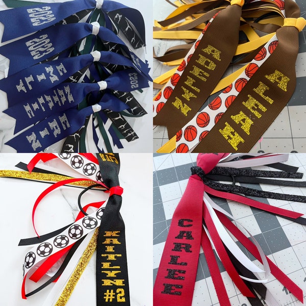 glitter sports ribbons, spirit ribbons, team streamers, sports bows, soccer bows, softball ribbons, volleyball bows, softball bows