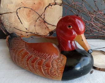 Vintage Ceramic Painted Duck Planter, Red Black Brown Painted Duck Planter, Red Head Duck Planter, Cabin Decor