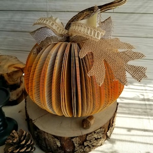 BOOK PUMPKINS,  Book Art, Fall Decor , Halloween Decor , Thanksgiving Decor, Autumn, Handcrafted with Burlap Embellishment and Leaf