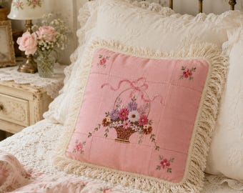 Vintage Besticktes Boudoir Kissen: 1940's Rosa Fransen Dekor