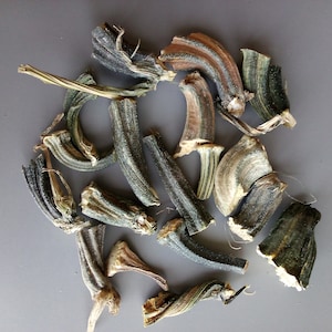 May include: Dried zucchini pieces in various shapes and sizes, with a mix of green and brown colors. The pieces are arranged on a gray surface.