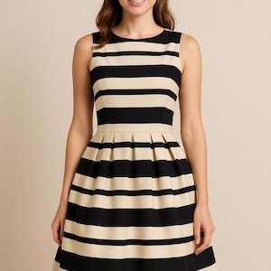 May include: Sleeveless black and cream striped dress. The dress features a fitted bodice and a pleated skirt. The horizontal stripes create a classic and flattering silhouette. The dress is suitable for various occasions.