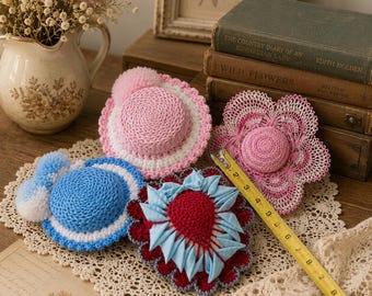Lot of 4 Vintage Crochet Lace Pin Cushions: 1930s-50s Sewing Decor