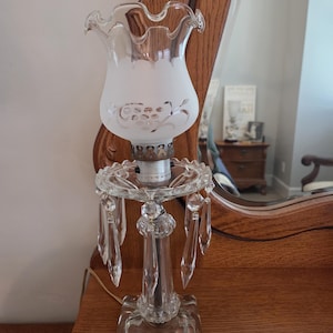 Rare Find — 1940s Crystal Glass Mantle Lusters, Elegant Boudoir Table Lamps, Hollywood Regency Glam, Antique Vanity Lighting