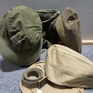 Vintage Collection of WWII U.S. Army Hats – Original Vintage Military Caps – Field Cap - Garison Cap - WW2 Cover Caps - Army Belt