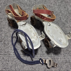 Vintage 1960s Metal Roller Skates with Original Key, Adjustable Strap-On Skates, Old Child's Roller Skates, Retro Toy Collector Gift