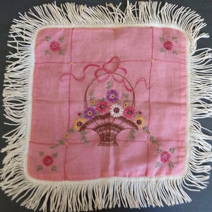 Vintage 1940&#39;s Fringe Embroidery Boudoir Square Pink Pillow,  Decorative Embroidery Pillow, Vintage Decor, Nursery Decor