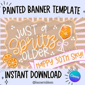 Puede incluir: Una plantilla de banner digital con el texto "PAINTED BANNER TEMPLATE", "JUST A SPRITZ OLDER" y "HAPPY 30TH SKY!" con ilustraciones de rodajas de naranja y una copa de cóctel. El diseño incluye un fondo de rayas marrones y un logotipo de Canva.