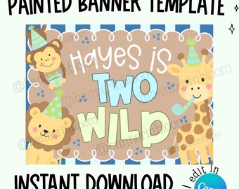 Two Wild Banner Template | Editable Safari / Zoo Birthday Party Decor | Boy Birthday Theme | Brown Paper Banner Mockup