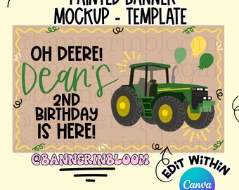 Green Tractor Birthday Banner Mockup, Farm Boy Party Template (Digital Download)