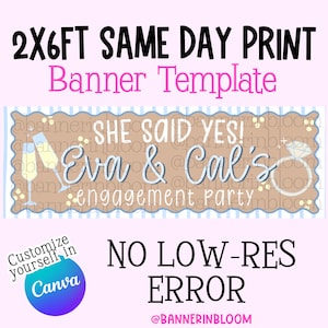 Puede incluir: Una plantilla de pancarta de 2x6 pies con un rectángulo festoneado color canela y bordes de rayas azules. El texto dice: SHE SAID YES! Eva & Cal's engagement party. Los gráficos incluyen dos copas de champán y un anillo de diamantes.